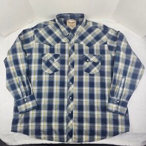 Wrangler Western Fashion Men's Pearl Snap Blue Plaid Button Down Shirt Size 2XL